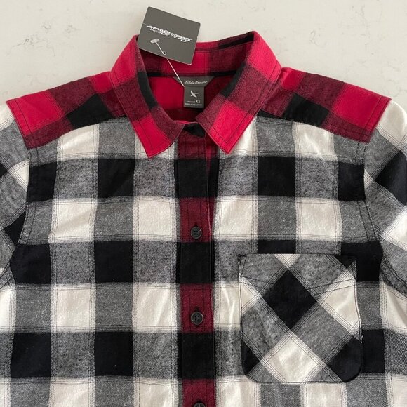 Eddie Bauer WR Stine's Mixed BF Flannel LS Button Down Shirt Blk Wht Red XS NWT - Picture 3 of 14